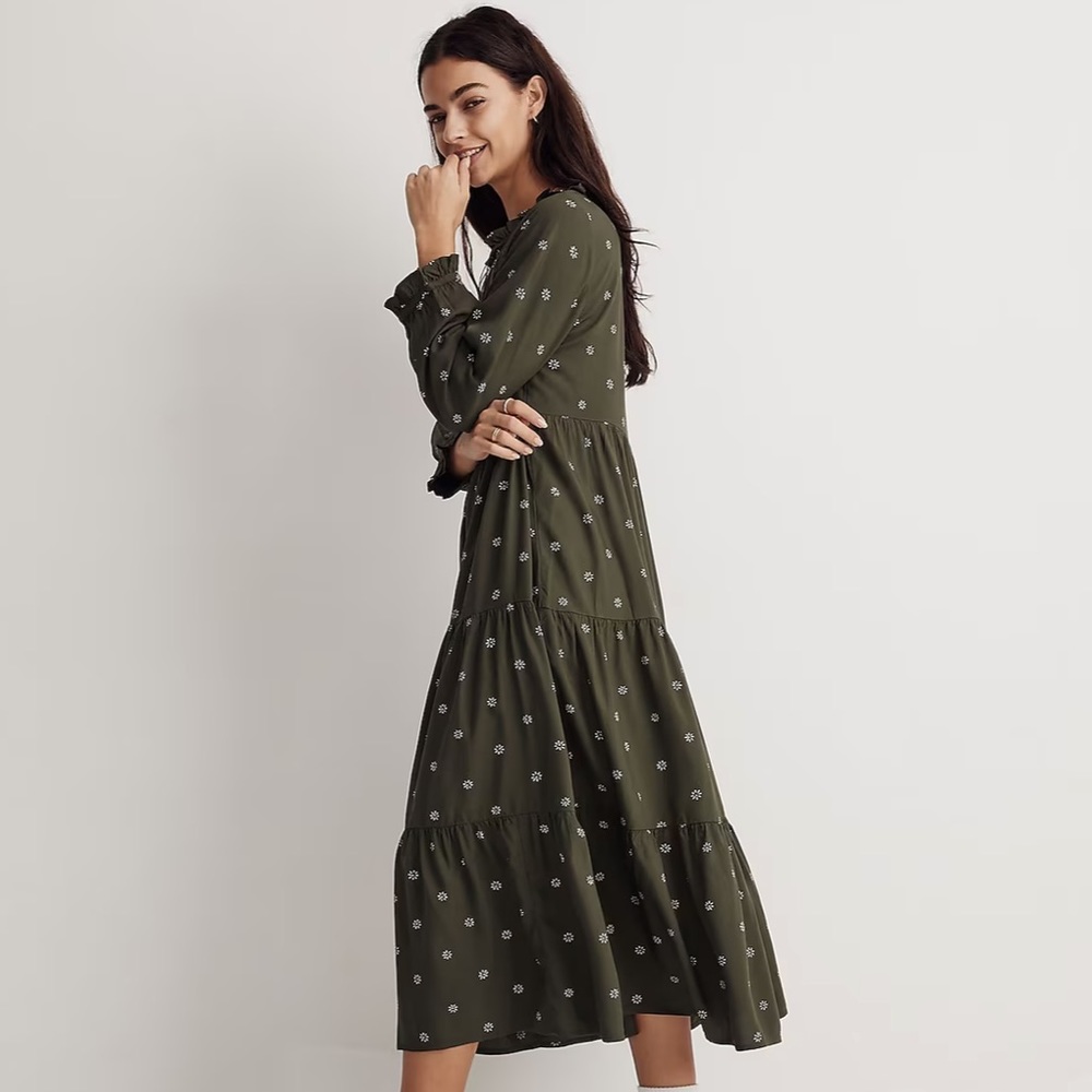 Madewell Tie-Neck Tiered Midi Dress in Stardot